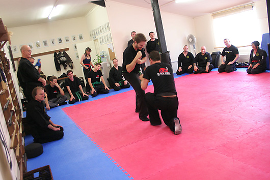 A class kneeling along the wall of the dojo watching a demonstration on the pink mat.